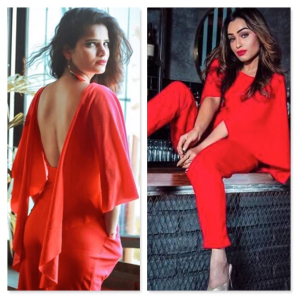 Cape Shoulder Backless Red Tapered Jumpsuit - Picture 4 of 8